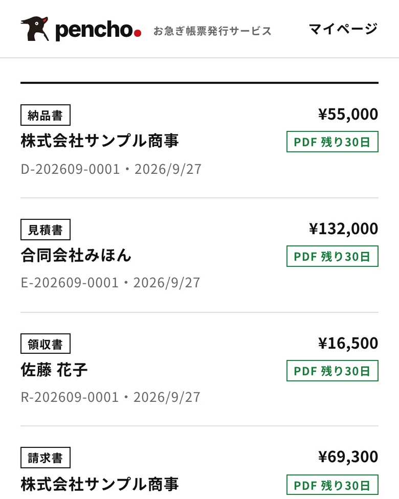 発行履歴の見本。書類ごとに PDF の再ダウンロードの残り日数